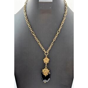 Patricia Nash Black Faceted Glass Antiqued Gold/Bronze Pendant Chain Necklace
